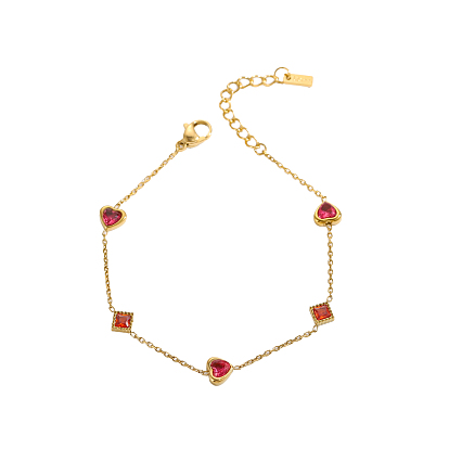 304 из нержавеющей стали ссылка браслеты, Браслеты-цепочки из проволоки для женщин с ионным покрытием (IP), Сердце и ромб, с кубического циркония, реальный 18 k позолоченный