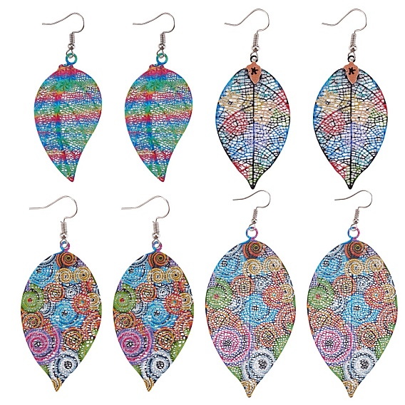 4 Pairs 4 Style Spray Painted Stainless Steel Holllow Leaf Dangle Earrings, with Iron Earring Pins