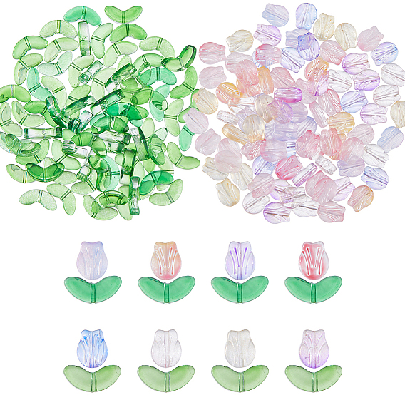 8 сумки 8 цветные прозрачные стеклянные бусины, тюльпан и лист