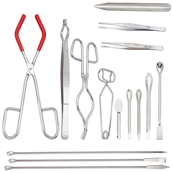Щипцы для тигля, пинцет, микрошпатель и набор химических совков