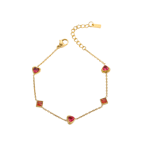 304 из нержавеющей стали ссылка браслеты, Браслеты-цепочки из проволоки для женщин с ионным покрытием (IP), Сердце и ромб, с кубического циркония, реальный 18 k позолоченный