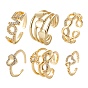 6Pcs 6 Styles Brass Micro Pave Clear Cubic Zirconia Cuff Rings, Open Rings, Long-Lasting Plated, Heart & Word LOVE & Infinity & Wide Band Rings & Heart with Heart