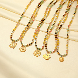 Colliers pendentifs plats ronds/oeil/soleil en acier inoxydable, collier de perles pour femme