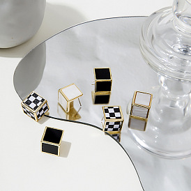 Fashionable Black and White Checkered Cube Stud Earrings - Retro, Minimalist, Geometric.