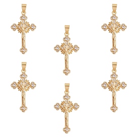 6Pcs Brass Micro Pave Clear Cubic Zirconia Pendants, Long-Lasting Plated, Crucifix Cross