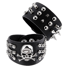 Gorgecraft 2Pcs 2 Style Punk Rock Style Cowhide Leather Cord Bracelets Set with Spike Rivet, Skull Adjustable Wristband for Men Women