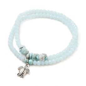 Stretch Bracelets Sets, Stackable Bracelets, with Sea Turtle Alloy Pendants, Rondelle Glass Beads, Natural Larimar & Turquoise(Dyed) Beads, Antique Silver
