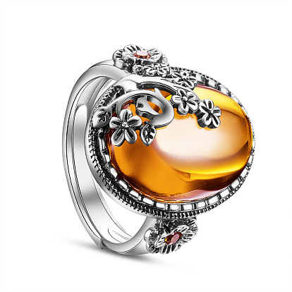 Thai 925 Sterling Silver Adjustable Rings, with Grade AAA Cubic Zirconia, Oval with Flower