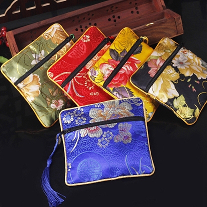 Square Chinese Style Cloth Tassel Bags, with Zipper, for Bracelet, Necklace