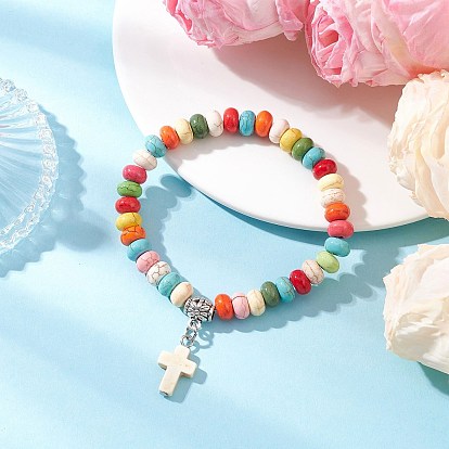 Браслеты с подвесками из синтетических бирюзовых бусин, окрашенных распылением, эластичные браслеты для мужчин и женщин, крестик