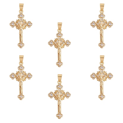 6Pcs Brass Micro Pave Clear Cubic Zirconia Pendants, Long-Lasting Plated, Crucifix Cross