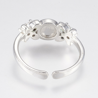 Adjustable Brass Cuff Rings, Open Rings Components, with Cubic Zirconia, For Half Drilled Beads, Flower