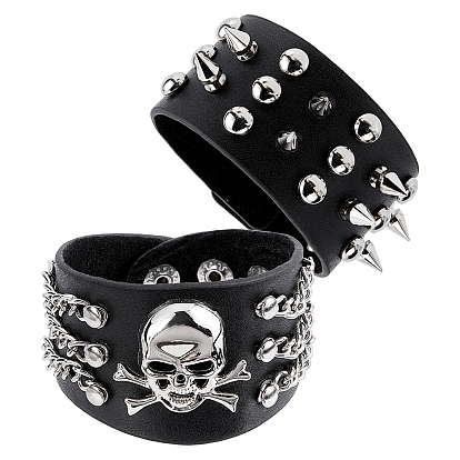 2Pcs 2 Style Punk Rock Style Cowhide Leather Cord Bracelets Set with Spike Rivet, Skull Adjustable Wristband for Men Women