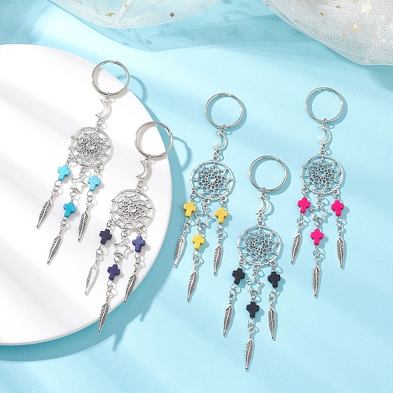 Брелоки из сплава и синтетической бирюзы, с железными разрезными брелоками, плоские круглые с пером