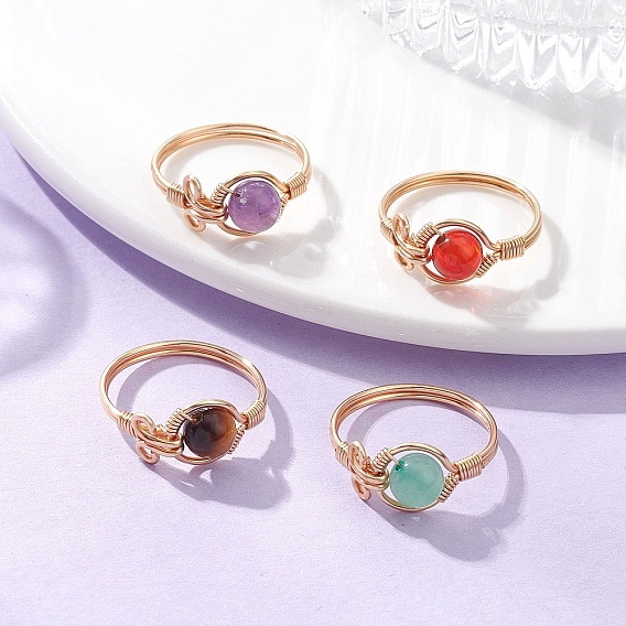 4 шт. 4 стили кольца с драгоценными камнями, с латунными бусинами и экологически чистой медной проволокой