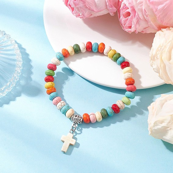 Браслеты с подвесками из синтетических бирюзовых бусин, окрашенных распылением, эластичные браслеты для мужчин и женщин, крестик