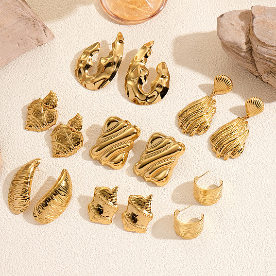 Текстурированные 304 серьги из нержавеющей стали, реальный 18 k позолоченный