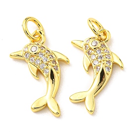 Rack Plating Brass Micro Pave Clear Cubic Zirconia Pendants, with Jump Ring, Dolphin Charm