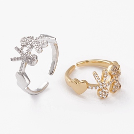 Brass Micro Pave Clear Cubic Zirconia Cuff Rings, Open Rings, for Valentine's Day, Long-Lasting Plated, Lover