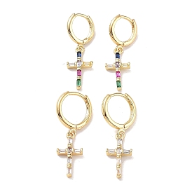 Real 18K Gold Plated Brass Dangle Hoop Earrings, with Glass, Cross