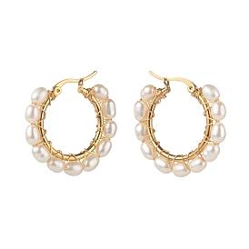 Natural Pearl Beads Brass Hoop Earrings, with 304 Stainless Steel Hooks, Ring