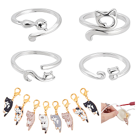 Наборы инструментов для вязания, включают 4шт. 4 стили кольца-манжеты из сплава, петли вязания крючком, 1подвески в виде кошек из эмалевого сплава