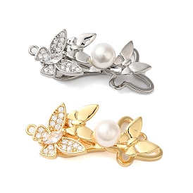 Brass Micro Pave Clear Cubic Zirconia Fold Over Clasps, with Imitation Pearl, Butterfly