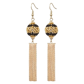 Glass Seed Beads & Brass Tassel Dangle Earrings, with 304 Stainless Steel Earring Hooks, Round