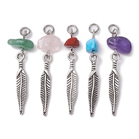 5Pcs 5 Styles Natural Mixed Gemstone Chip Pendants, Tibetan Style Alloy Feather Charms