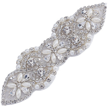 Glass Hotfix Rhinestone Applique, Iron on Patches, with Imitation Pearl & Alloy Settings, for Wedding Dress, Bridal Sash, Crystal Belt Decoration
