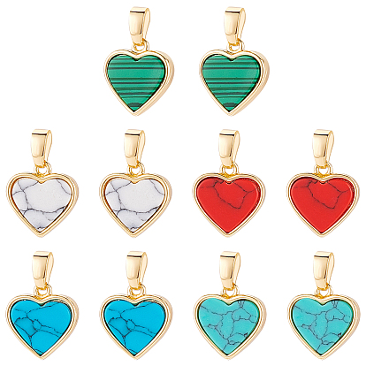 10Pcs 5 Styles Real 18K Gold Plated Brass Pendants, with Synthetic Malachite or Turquoise, Cadmium Free & Nickel Free & Lead Free, Heart