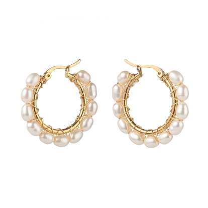 Natural Pearl Beads Brass Hoop Earrings, with 304 Stainless Steel Hooks, Ring