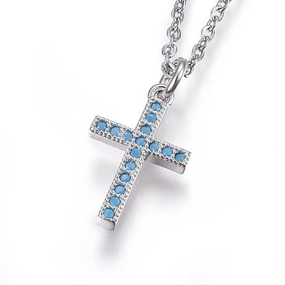 304 Stainless Steel Pendant Necklaces, with Cubic Zirconia, Cross, Deep Sky Blue
