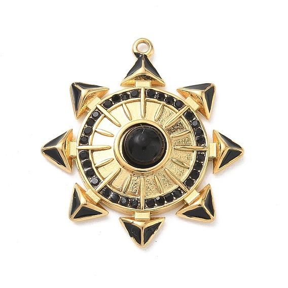 304 Stainless Steel Enamel Pendants, Sun Charms, with Rhinestone & Natural Black Agate Beads