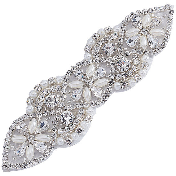 Applique de strass de correctif de verre, repasser les plaques, avec montures imitation perle & alliage, pour robe de mariée, ceinture de mariée, décoration de ceinture en cristal