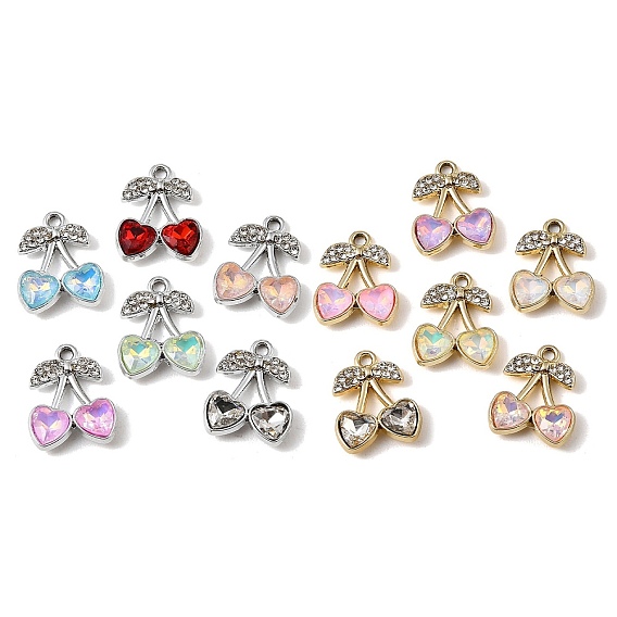 Alloy Rhinestone Pendants, Cherry Charms, with Glass, UV Plating, Mixed Color