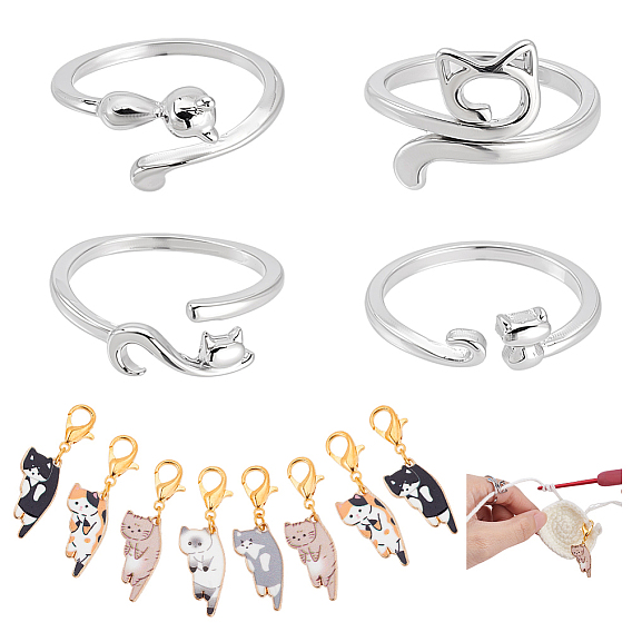 Наборы инструментов для вязания, включают 4шт. 4 стили кольца-манжеты из сплава, петли вязания крючком, 1подвески в виде кошек из эмалевого сплава
