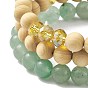 3Pcs 3 Style Natural Green Aventurine & Glass & Wood Stretch Bracelets Set with Brass Tree Charm, Gemstone Jewelry for Women