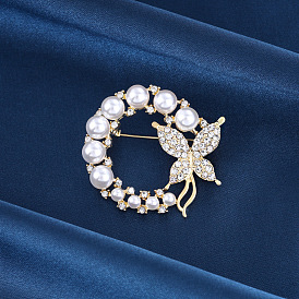 Butterfly Alloy Rhinestone Brooches for Women, with Plastic Pearl