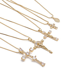 Gold-Plated Copper Cross Pendant Necklace with Sparkling Zirconia for Women