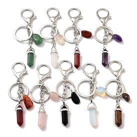 Natural & Synthetic Mixed Gemstone Keychain, with Platinum Plated Iron Split Key Rings, Bullet