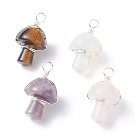 Natural & Synthetic Gemstone Pendants, with Silver Tone Copper Wire Wrapped, Mushroom