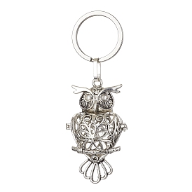 Brass Hollow Owl Pendant Keychain, with 304 Stainless Steel Rings