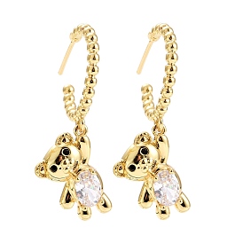 C-Shape with Bear Cubic Zirconia Dangle Stud Earrings, Real 18K Gold Plated Brass Long Drop Half Hoop Earrings for Women, Lead Free & Cadmium Free