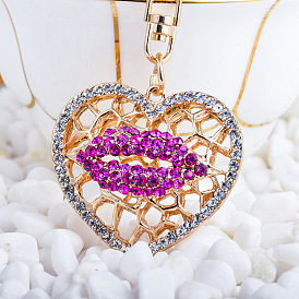 Fashionable Heart-shaped Lip Keychain with Rhinestone Kiss Pendant