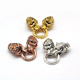 Tibetan Style Alloy Animal Tiger Head Spring Gate Rings, O Rings with Two Cord Ends for Bracelet Making