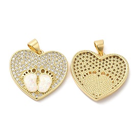 Rack Plating Brass Micro Pave Clear Cubic Zirconia Pendants, with Resin Imitation Opal, Cadmium Free & Lead Free, Long-Lasting Plated, Heart with Footprint