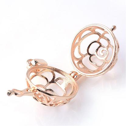 Rack Plating Brass Cage Pendants, For Chime Ball Pendant Necklaces Making, Hollow Round with Flower