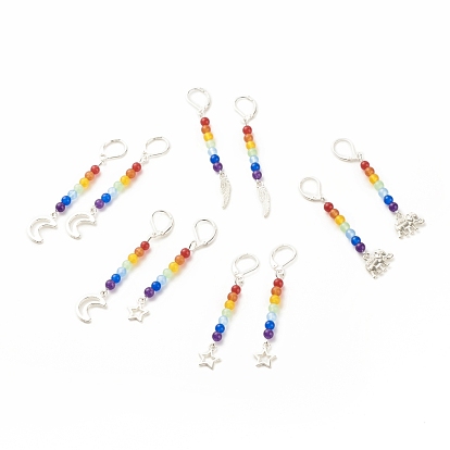 Natural Malaysia Jade with Alloy Charm Long Dangle Leverback Earrings, 7 Chakra Gemstone Jewelry for Women