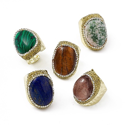 Oval Gemstone Cuff Ring with Rhinestone, Rack Plating Brass Wide Band Ring for Women, Cadmium Free & Lead Free, Golden